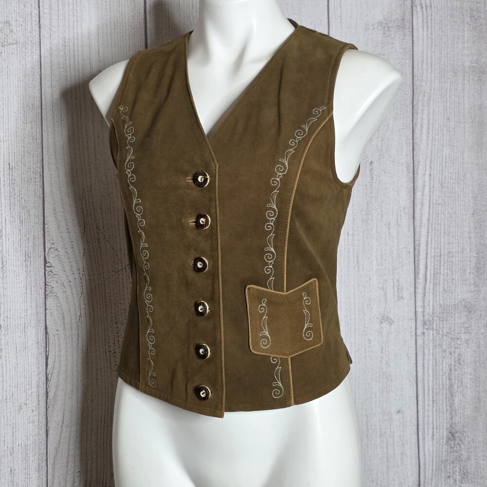 Spieth & Wensky Lagenlook Leather Vest Embroidered Lace Up Back Brown Size 38
